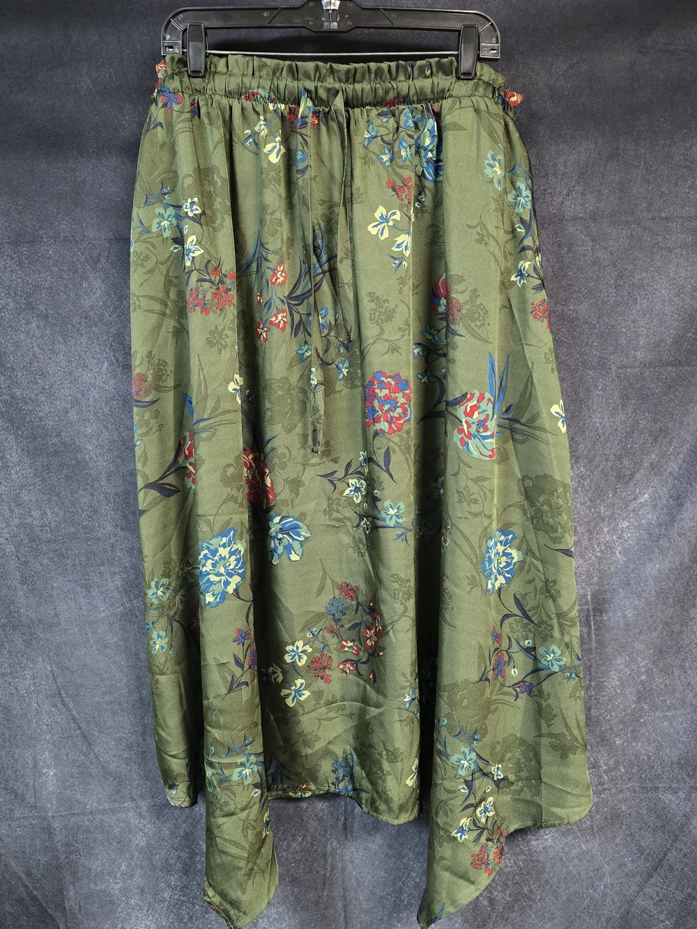 Time and Tru Olive Green Floral Handkerchief-Hem Skirt